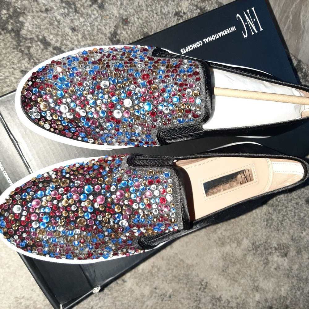 I N C Muti-Color Rhinestones Black Loafers size 8.5 M